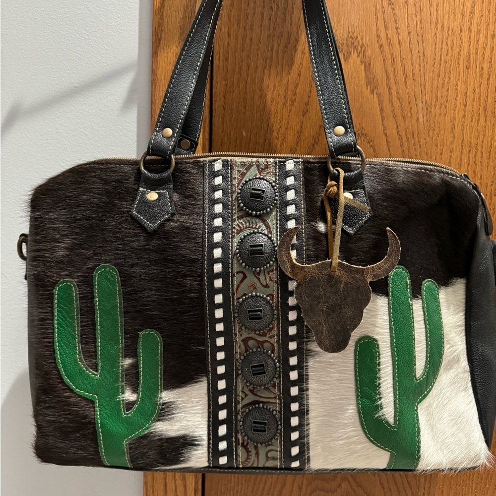 Myra Hair on Hide Brown and White Shoulder Bag with Cactus Design